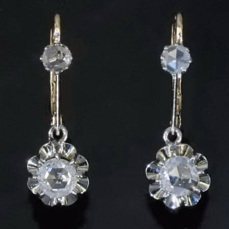Dangling estate earrings with rose cut diamonds in 18K two-tone gold